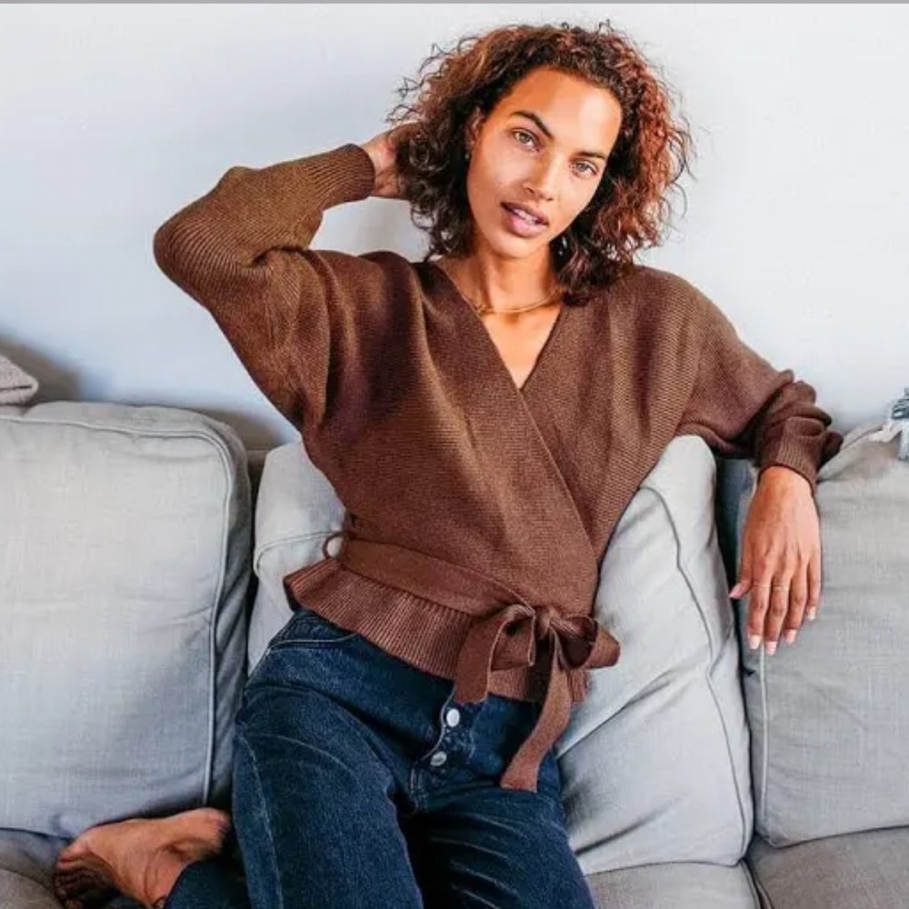 NWT LuLus Sweet And Sophisticated Brown Knit Faux-Wrap Sweater size XL